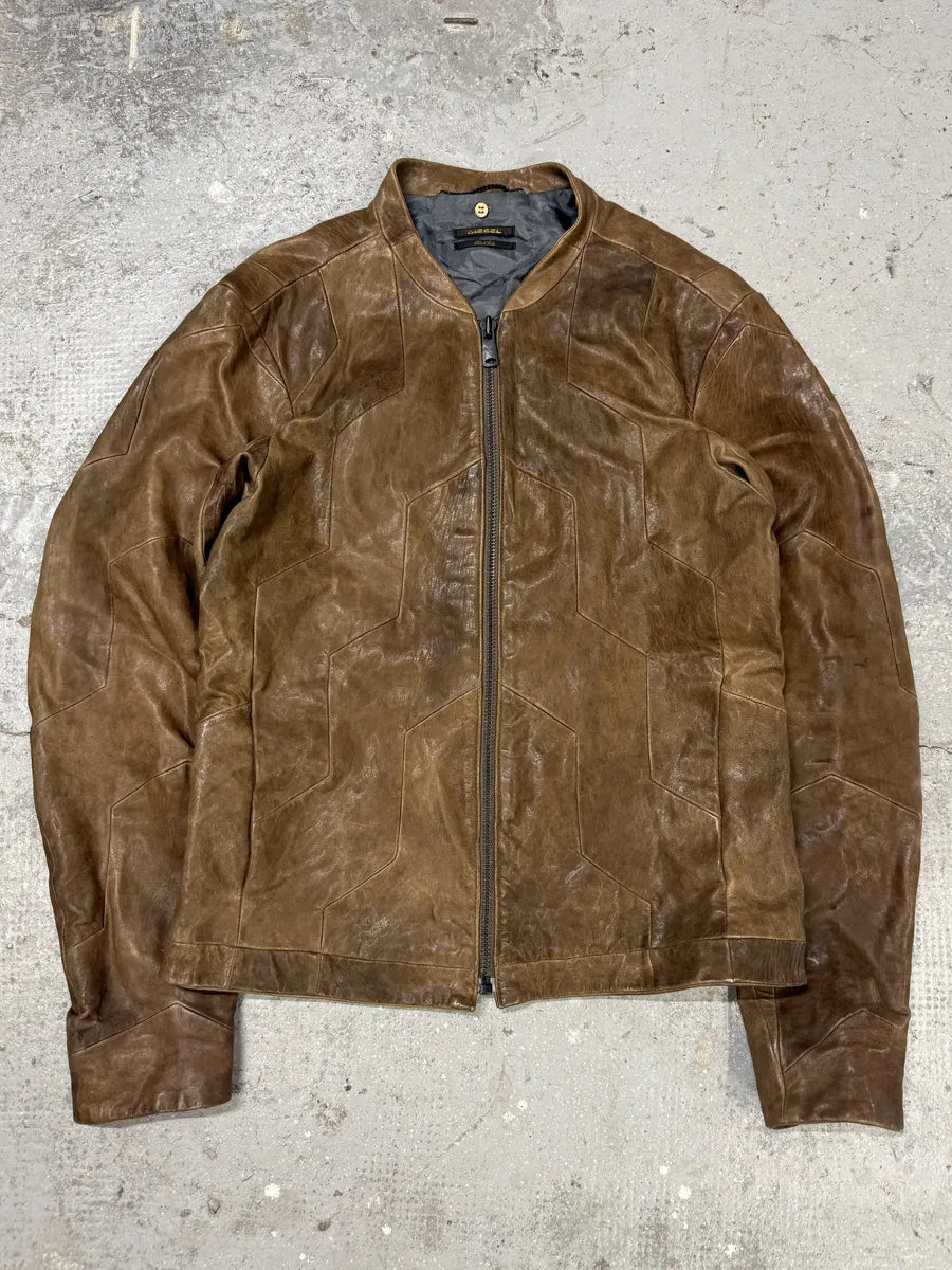 Diesel Black Gold Biker Structured Brown Leather Jacket (L) 0