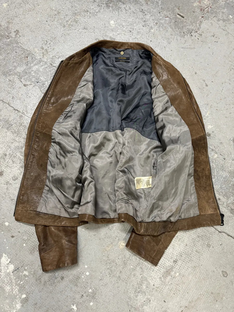 Diesel Black Gold Biker Structured Brown Leather Jacket (L) 2