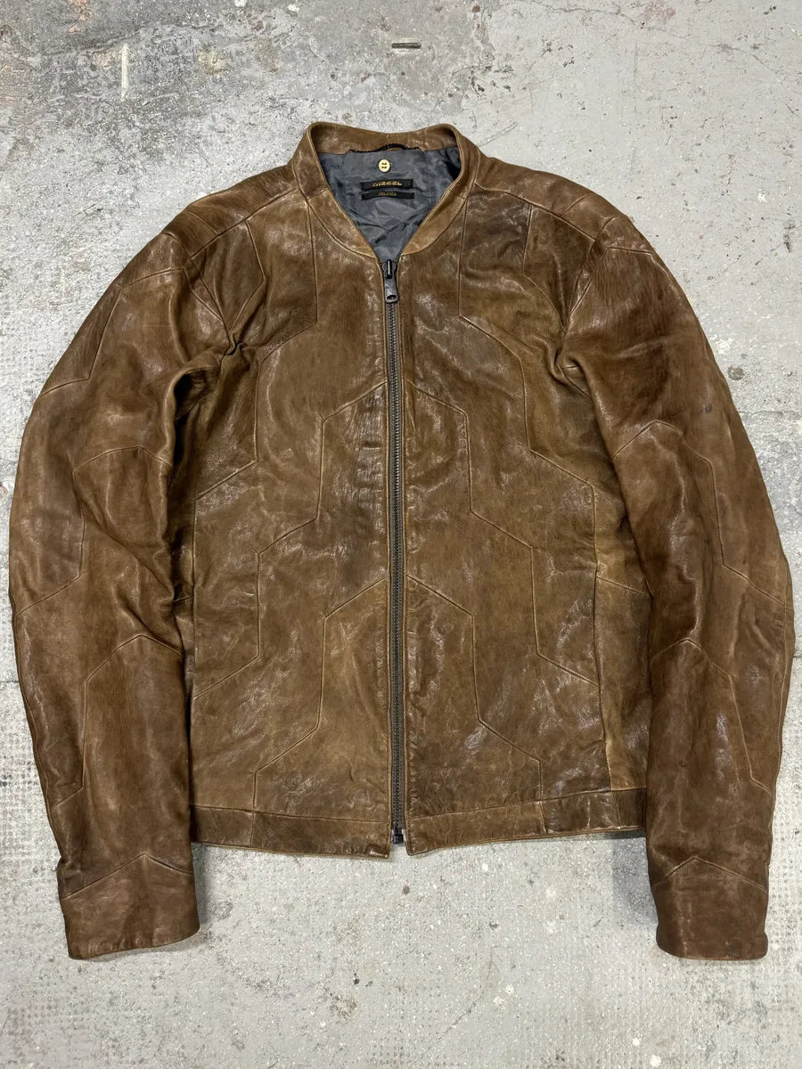 Diesel Black Gold Biker Structured Brown Leather Jacket (L) 4
