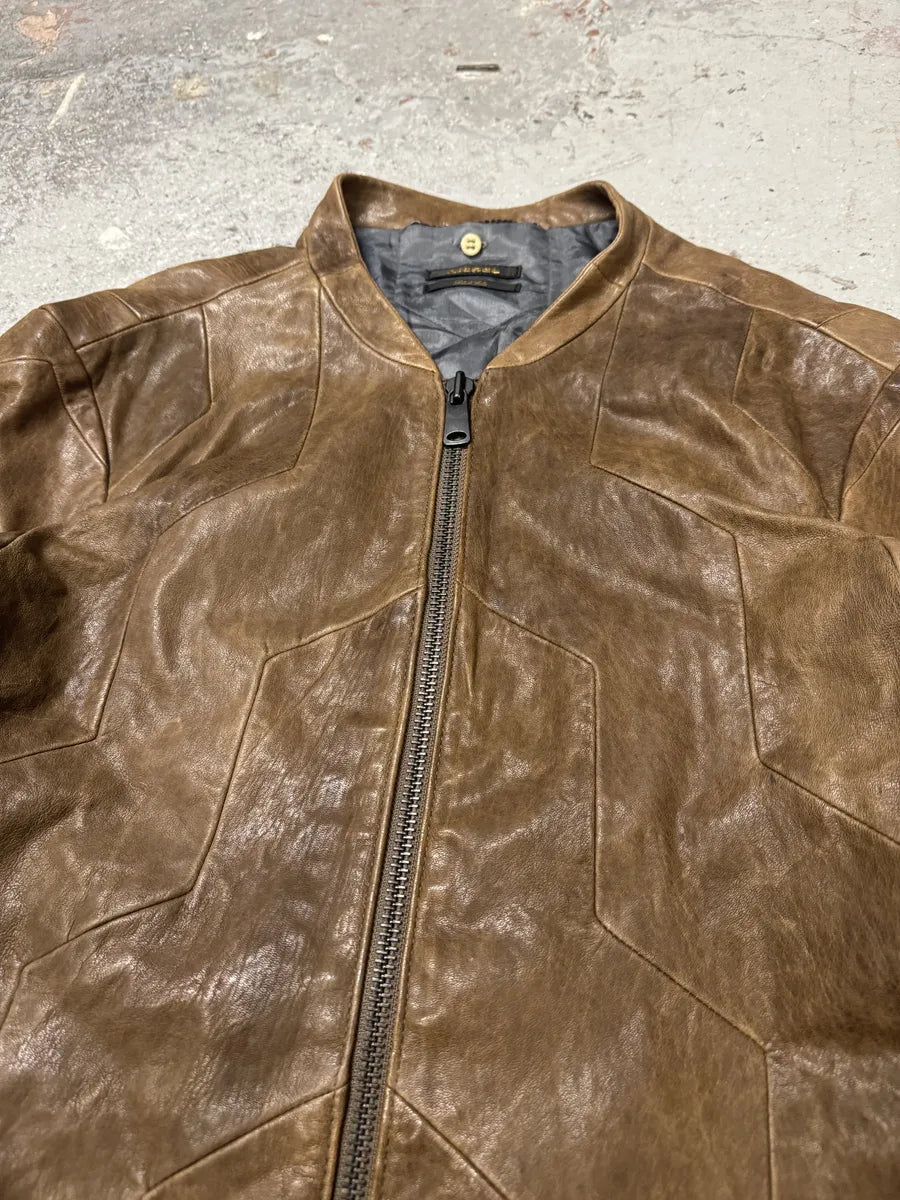 Diesel Black Gold Biker Structured Brown Leather Jacket (L) 6
