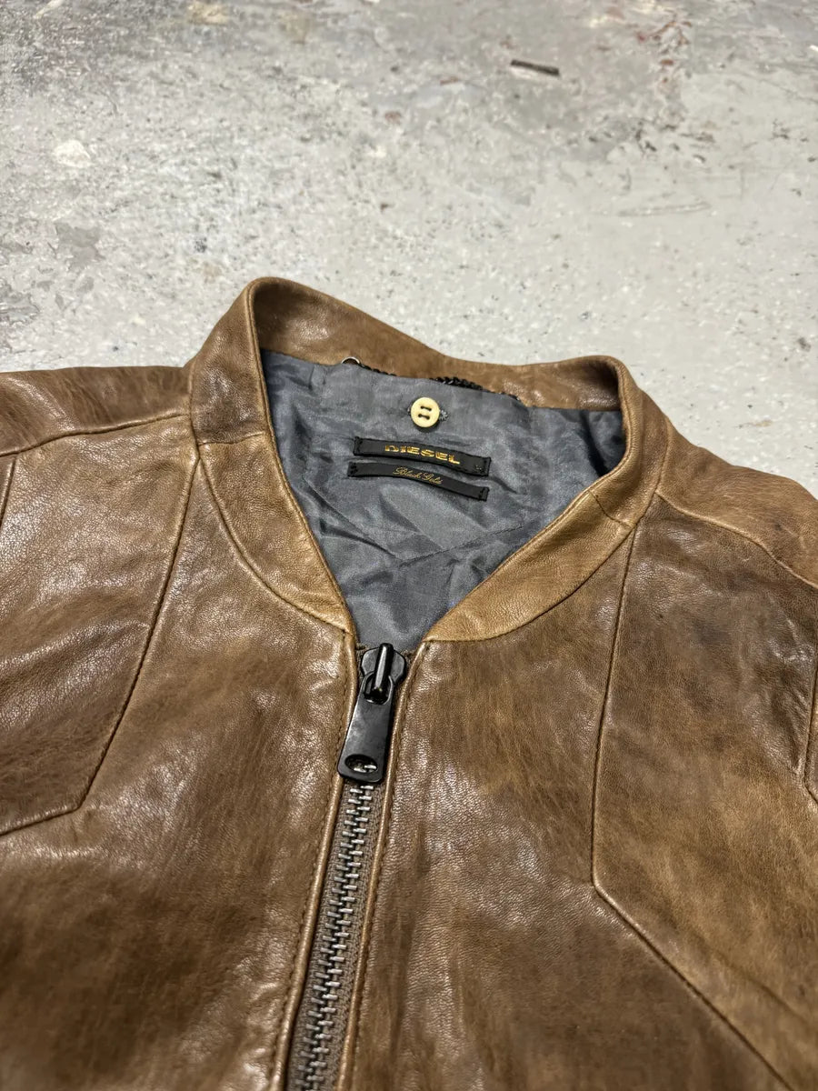 Diesel Black Gold Biker Structured Brown Leather Jacket (L) 8