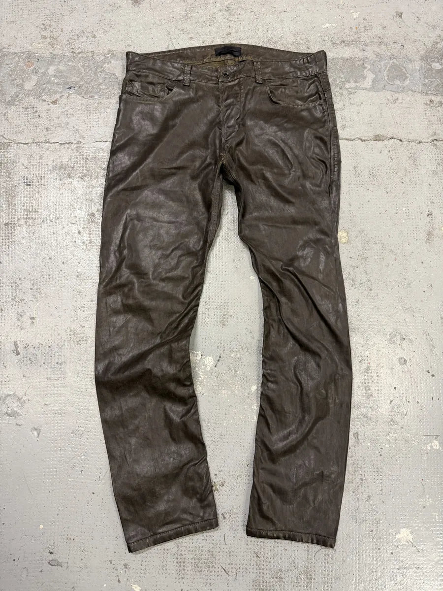 Diesel Black Gold Brown Cow Leather Dark Pants hqrMtWG 0