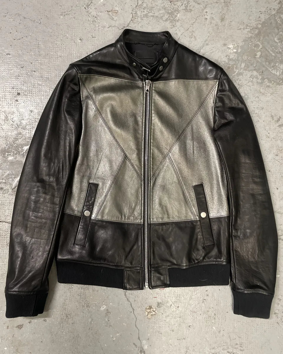 Diesel Black Gold Triang Black & Grey Brut Lamb Leather Jacket HICDwoH 0