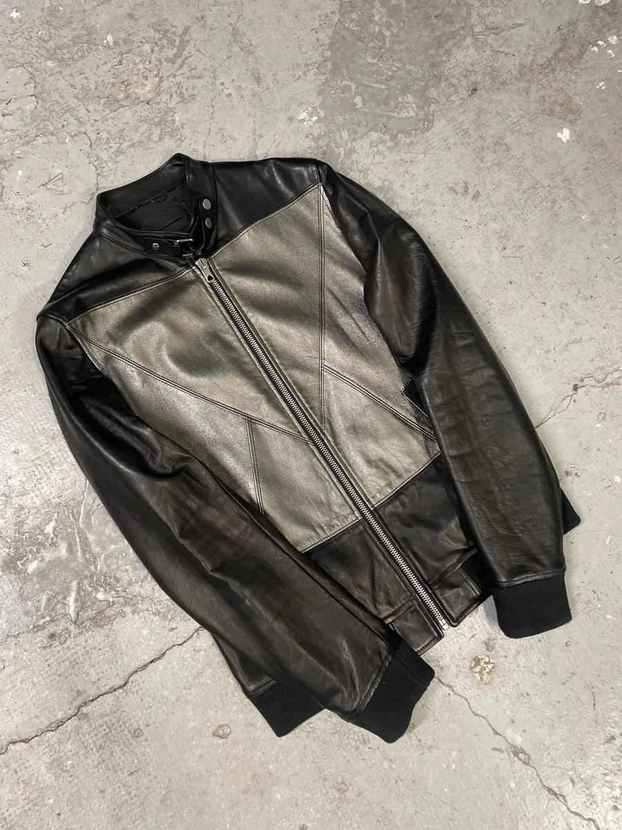 Diesel Black Gold Triang Black & Grey Brut Lamb Leather Jacket HICDwoH 3