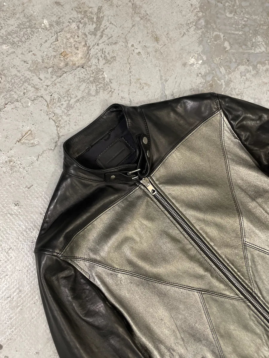 Diesel Black Gold Triang Black & Grey Brut Lamb Leather Jacket HICDwoH 8