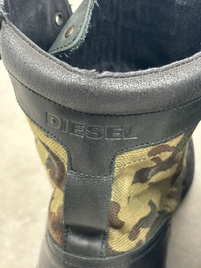 Diesel Black Leather Camouflage Military Lace-Up Boots ShYQVwP 14