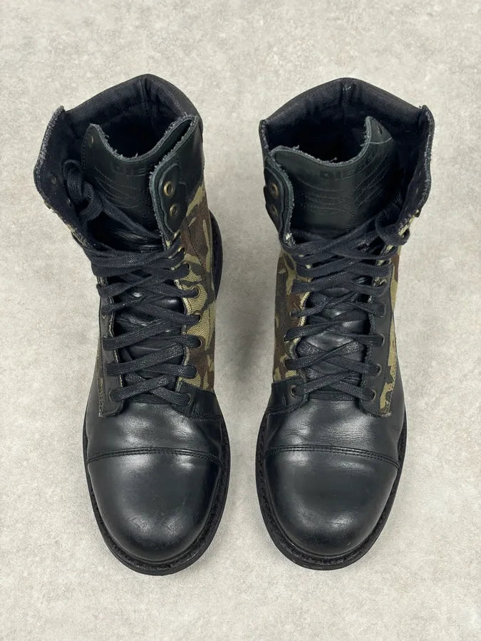 Diesel Black Leather Camouflage Military Lace-Up Boots ShYQVwP 4