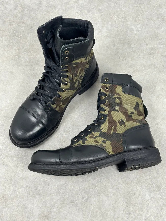Diesel Black Leather Camouflage Military Lace-Up Boots ShYQVwP 11