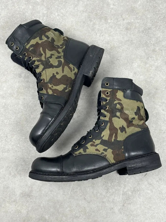 Diesel Black Leather Camouflage Military Lace-Up Boots ShYQVwP 7
