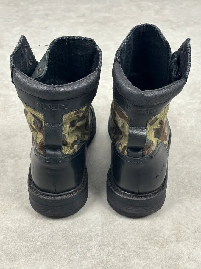 Diesel Black Leather Camouflage Military Lace-Up Boots ShYQVwP 9