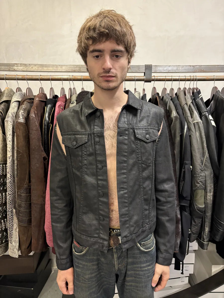 Diesel Black Waxed Denim Fringe Jacket iyyNUms 2