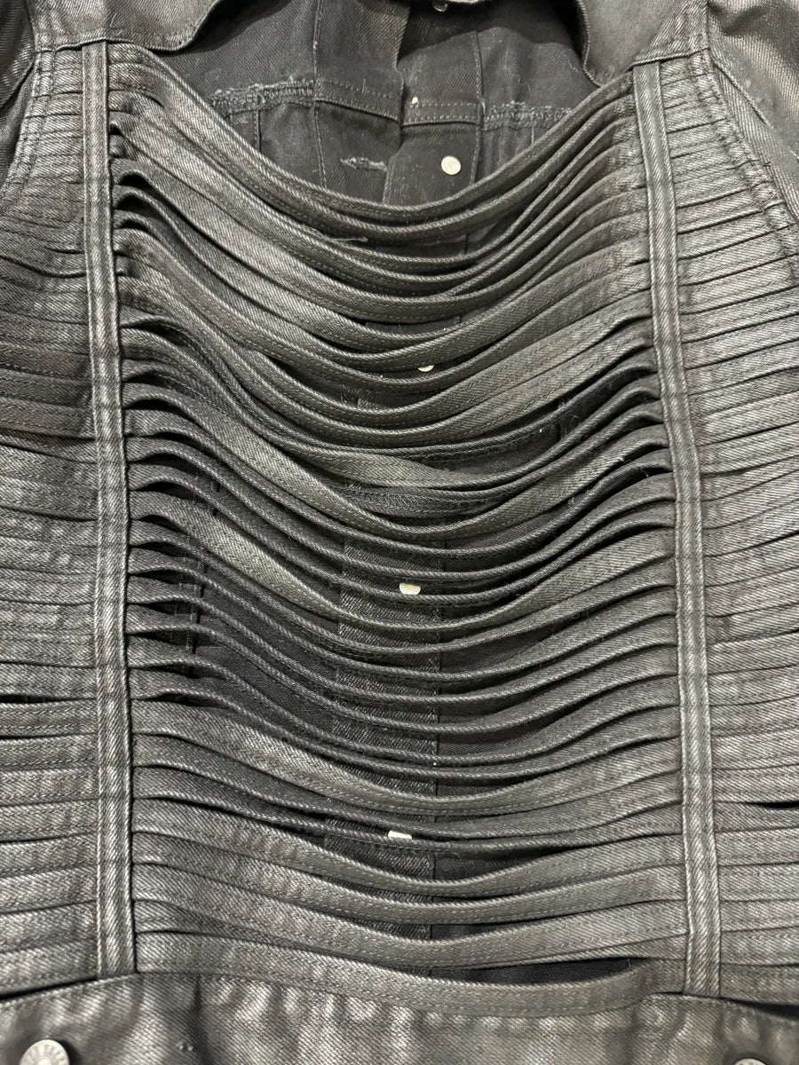 Diesel Black Waxed Denim Fringe Jacket iyyNUms 5