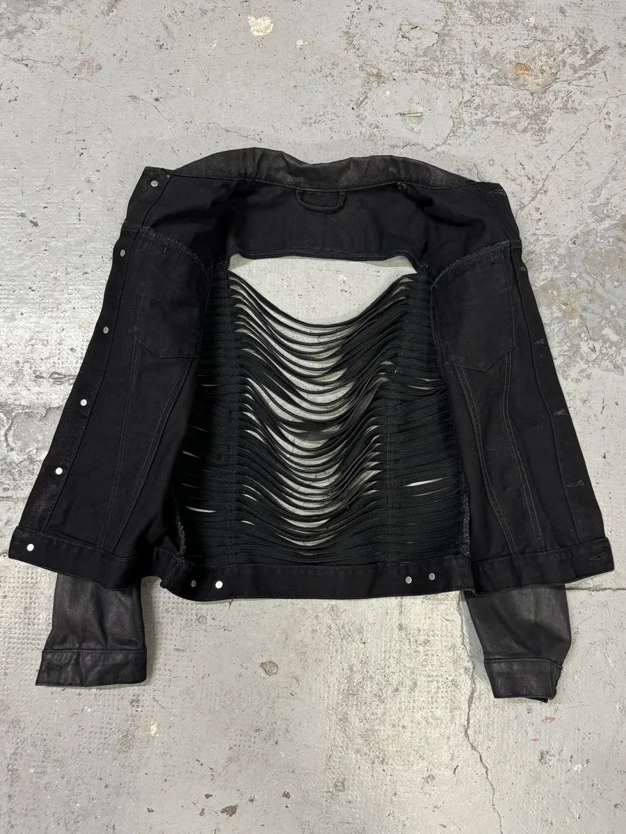 Diesel Black Waxed Denim Fringe Jacket iyyNUms 6