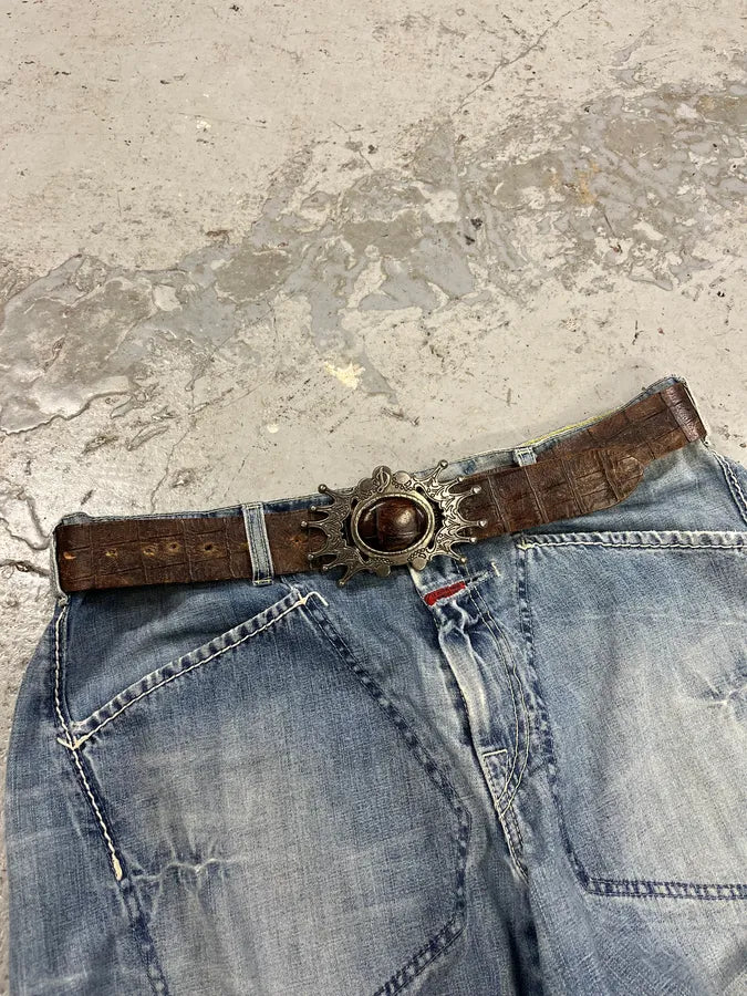 Diesel Brown Crocodile Effect Leather Premium Belt uQoreCg 0