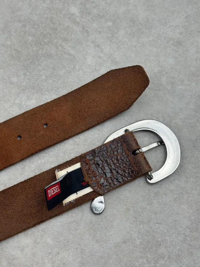 Diesel Brown Eroded Metallic Buckle Belt EGSgQDU 5