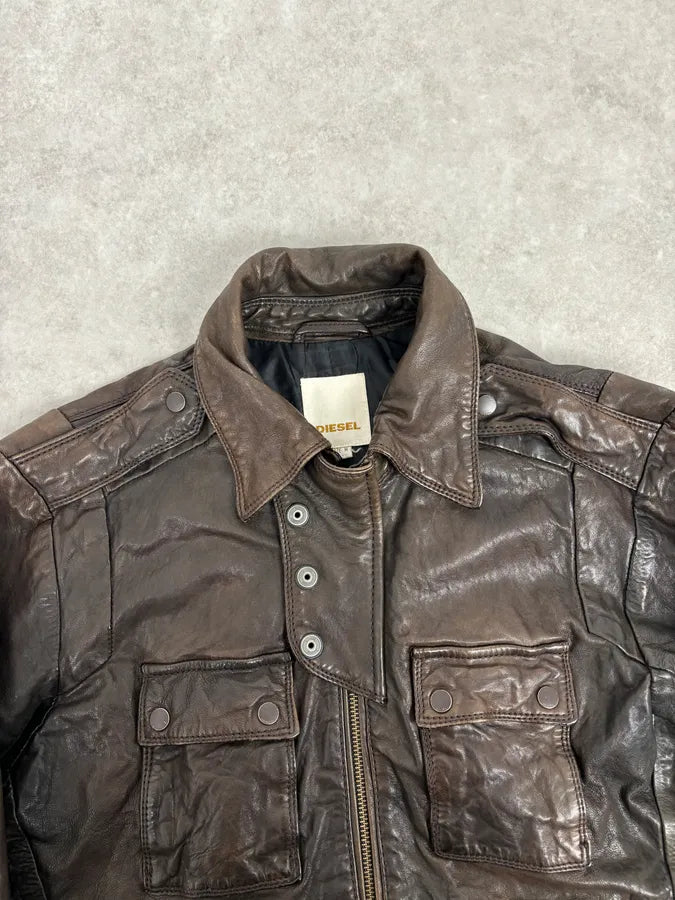 2000s Diesel Brown Avant-Garde Multi-Pocket Leather Jacket cepCNhq 3