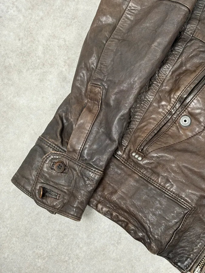 2000s Diesel Brown Avant-Garde Multi-Pocket Leather Jacket cepCNhq 8