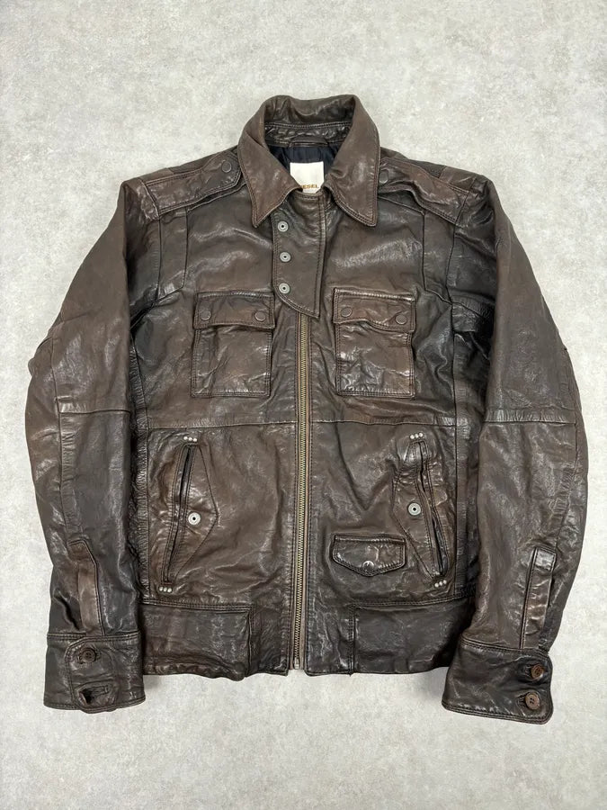 2000s Diesel Brown Avant-Garde Multi-Pocket Leather Jacket cepCNhq 0