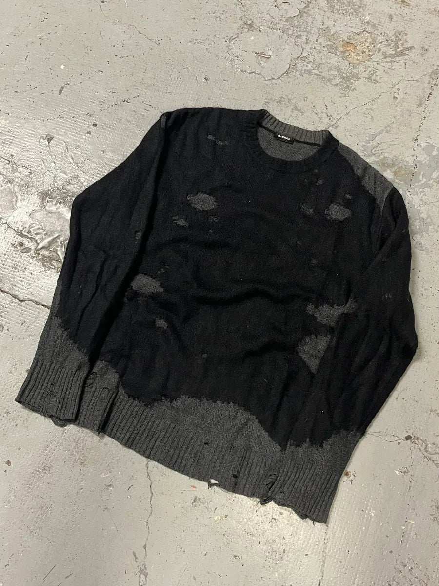 Diesel Destroyed Grey & Black Distressed Knit Sweater zbJqyGJ 3