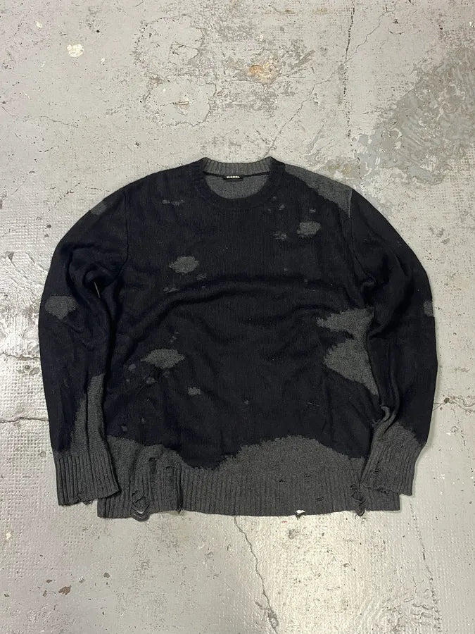 Diesel Destroyed Grey & Black Distressed Knit Sweater zbJqyGJ 0