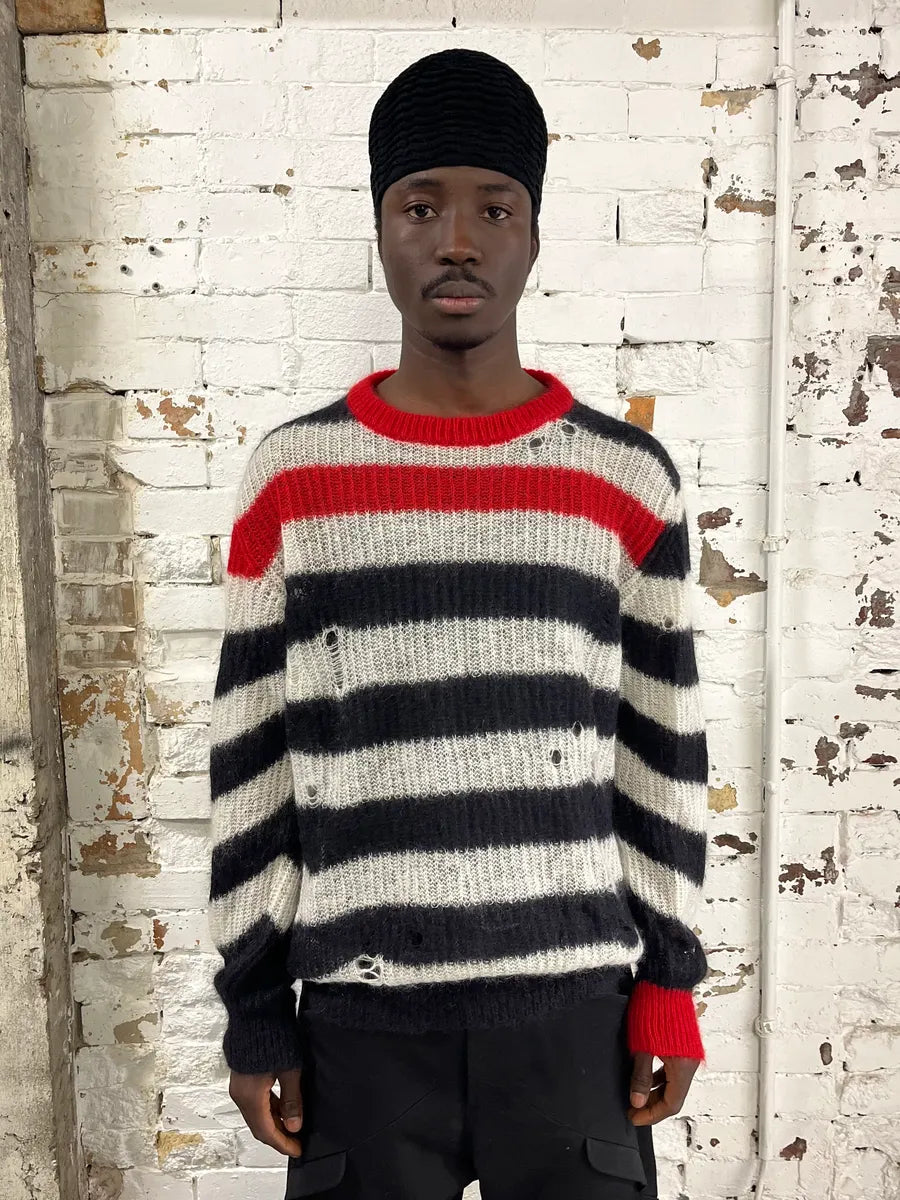 Diesel Distressed Striped Black Red & White Sweater bglynyR 0