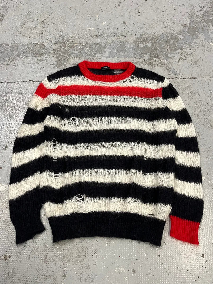 Diesel Distressed Striped Black Red & White Sweater bglynyR 2