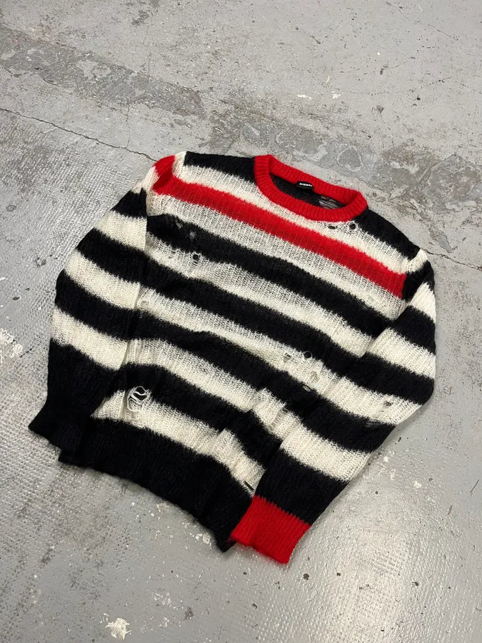 Diesel Distressed Striped Black Red & White Sweater bglynyR 3