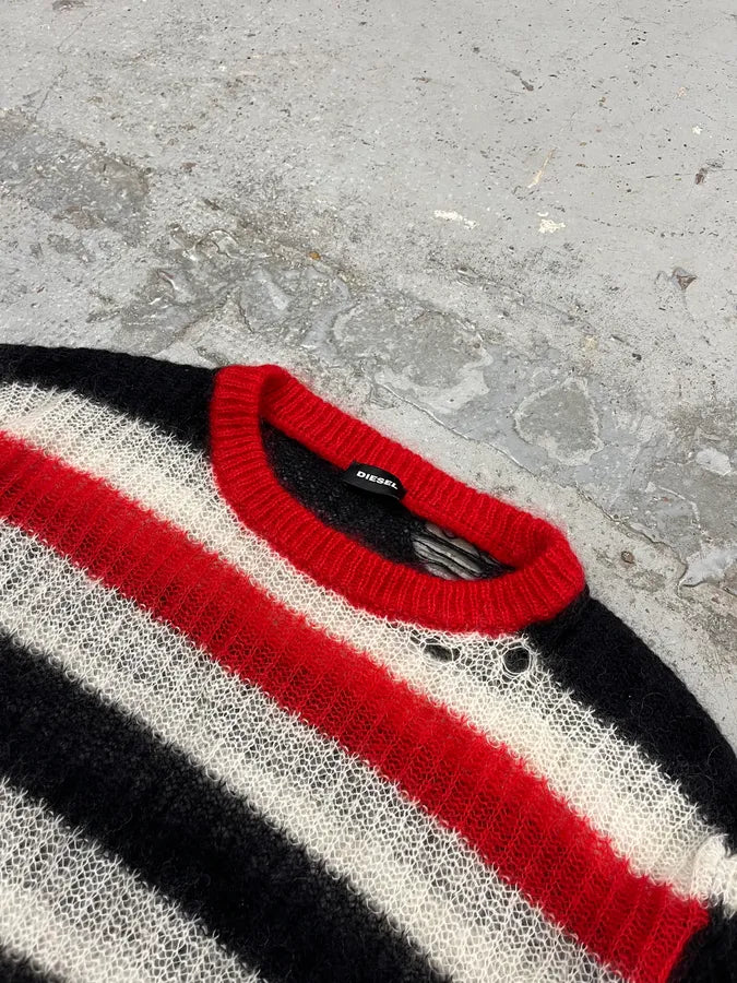 Diesel Distressed Striped Black Red & White Sweater bglynyR 4