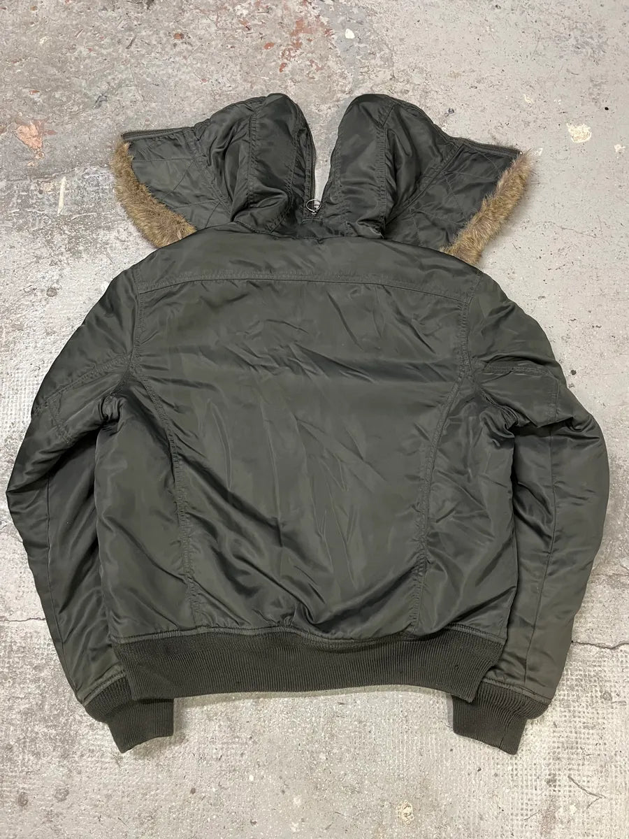 Diesel Faux Fur Zip Hooded Grey Bomber Jacket (M) BoIrDHx 1