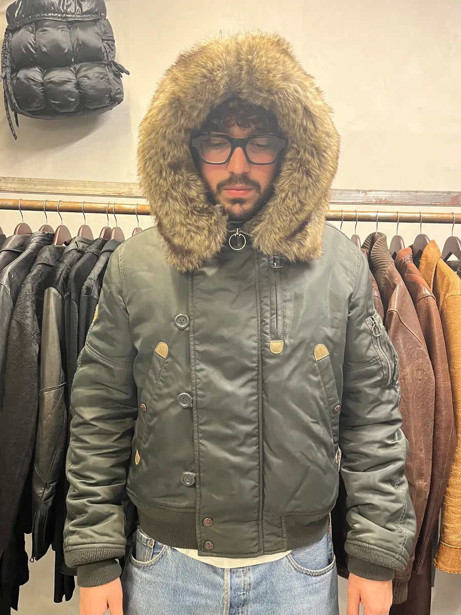 Diesel Faux Fur Zip Hooded Grey Bomber Jacket (M) BoIrDHx 2