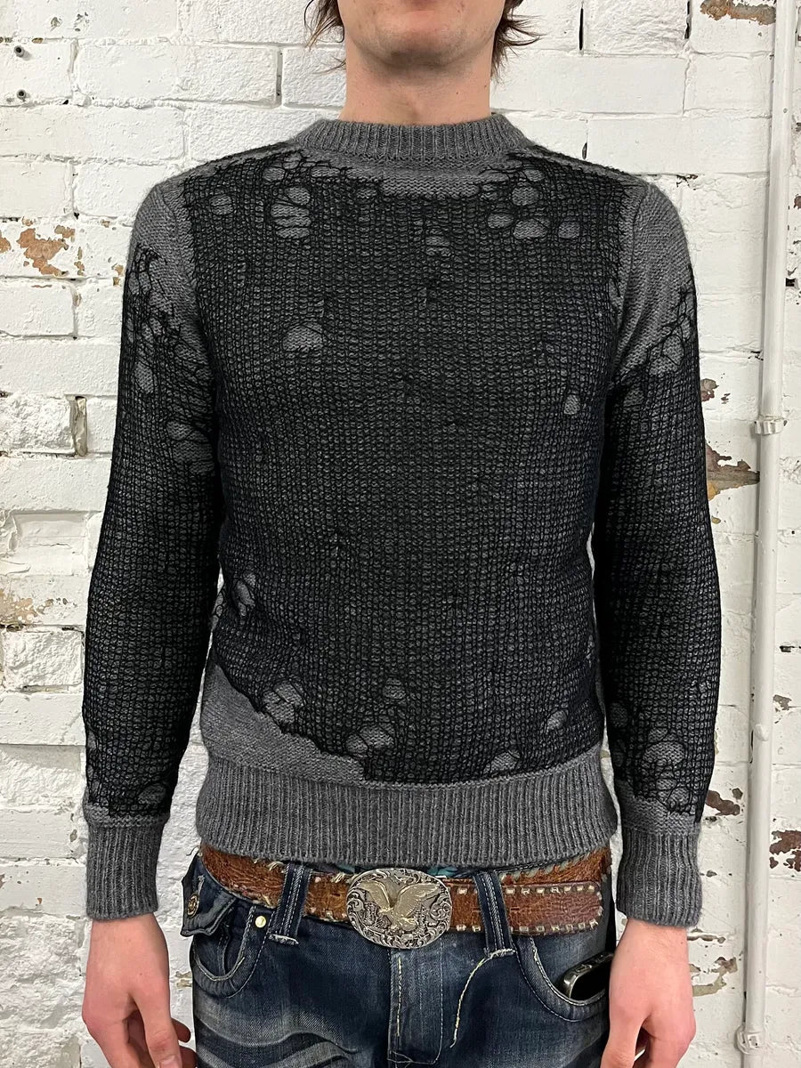 Diesel Grey & Black Distressed Spider Web Knit Sweater DheWibO 1