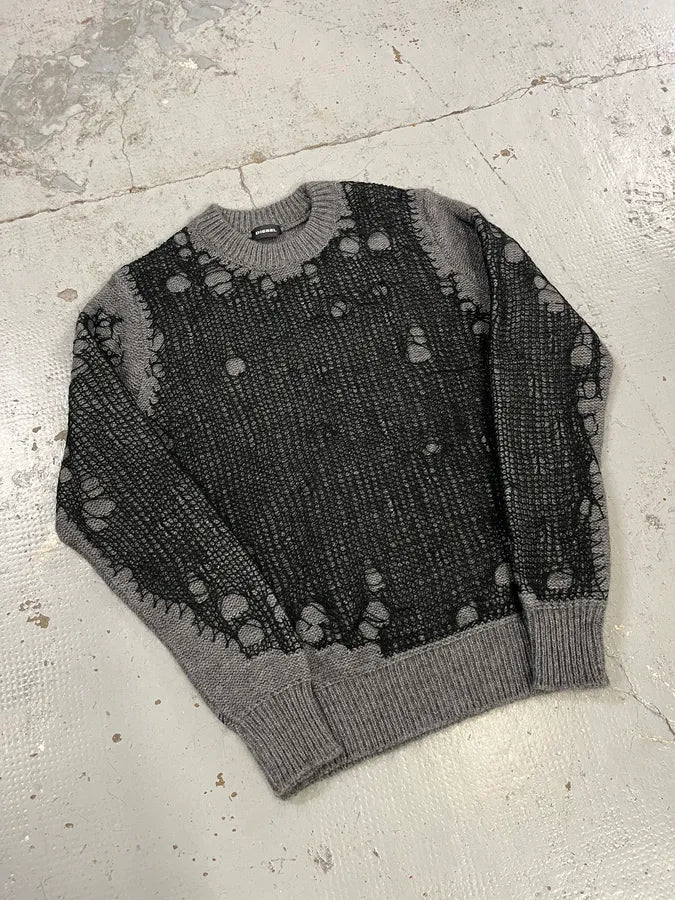 Diesel Grey & Black Distressed Spider Web Knit Sweater DheWibO 3