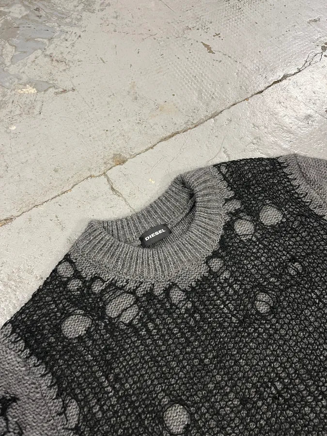 Diesel Grey & Black Distressed Spider Web Knit Sweater DheWibO 4