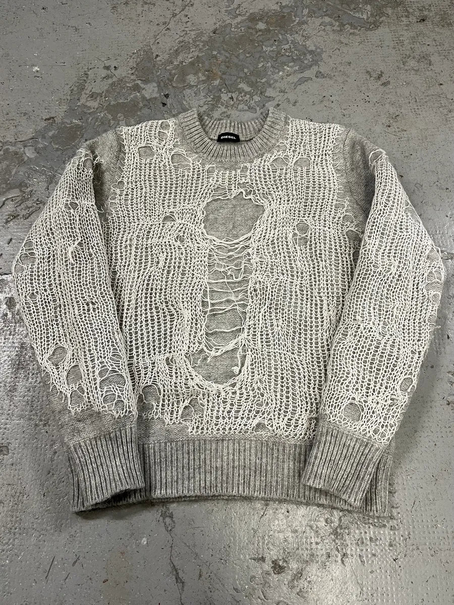 Diesel Grey Spyder Distressed Grilled Sweater VtVaURJ 0