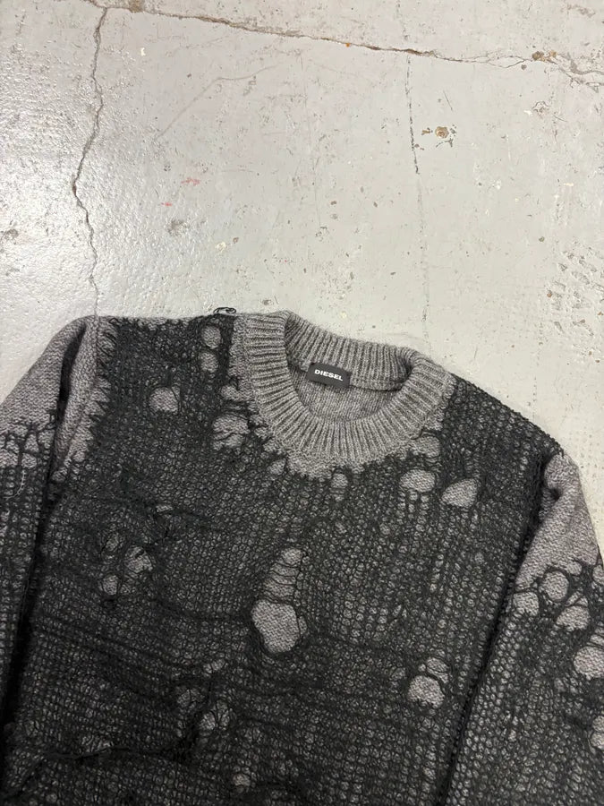 Diesel Grey & Black Spyder Web Wool Blend Distressed Sweater  iEkZguW 3