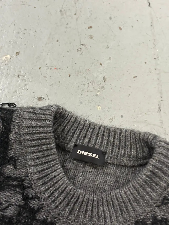 Diesel Grey & Black Spyder Web Wool Blend Distressed Sweater  iEkZguW 6