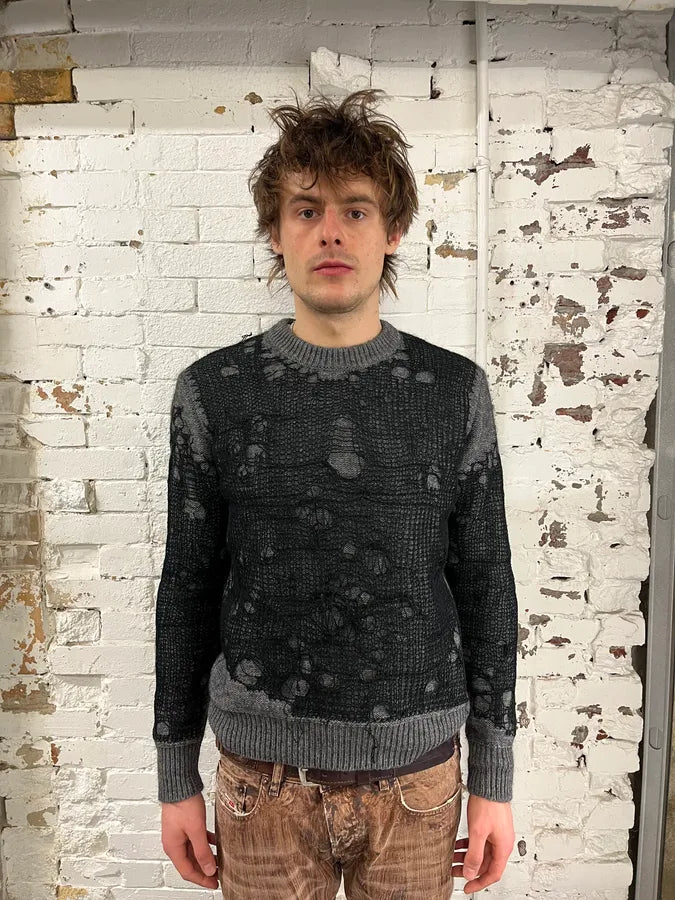 Diesel Grey & Black Spyder Web Wool Blend Distressed Sweater  iEkZguW 1