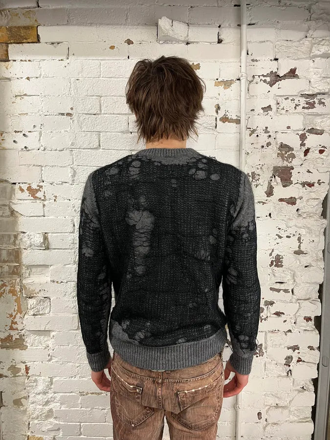 Diesel Grey & Black Spyder Web Wool Blend Distressed Sweater  iEkZguW 2
