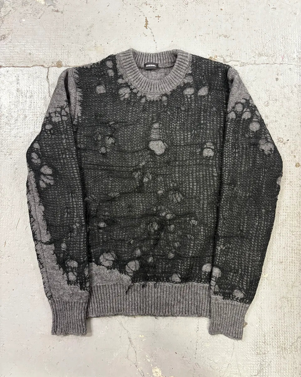 Diesel Grey & Black Spyder Web Wool Blend Distressed Sweater  iEkZguW 0