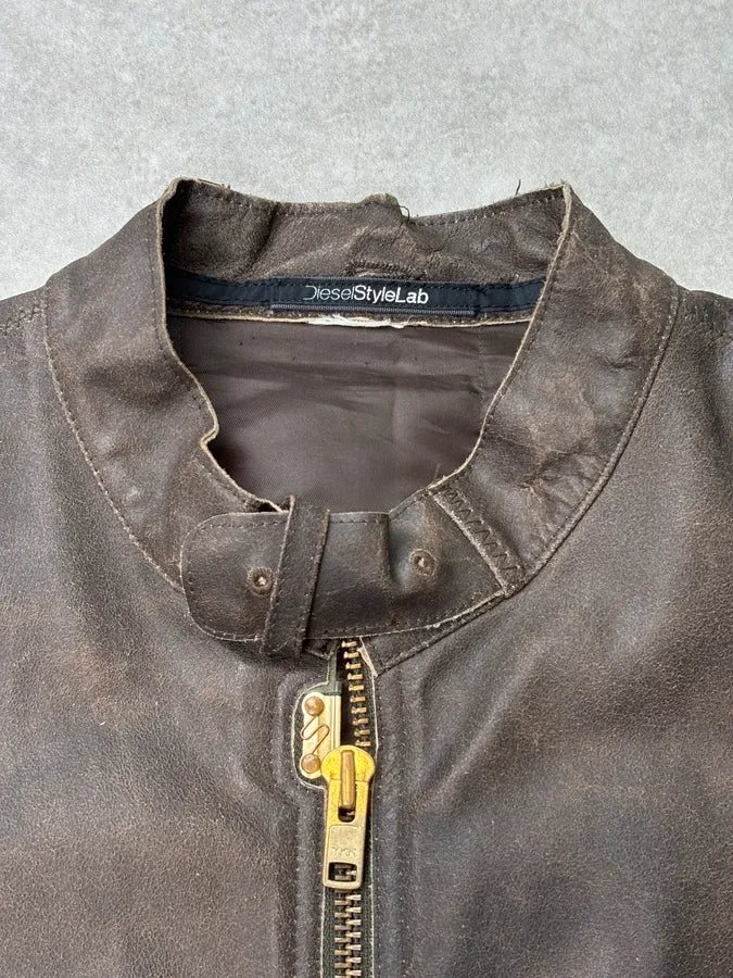 2000s Diesel Two Tone Brown Distressed Leather Jacket  ncAVwTM 9