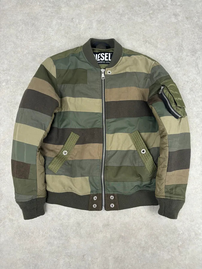Diesel Khaki Green Nylon Striped Bomber Jacket SGeEDAf 0