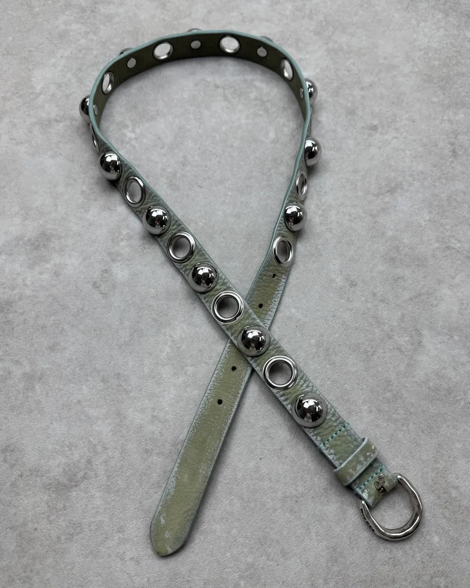 Diesel Sage Green Leather Metalic Globes Studded Belt SYroyOO 0
