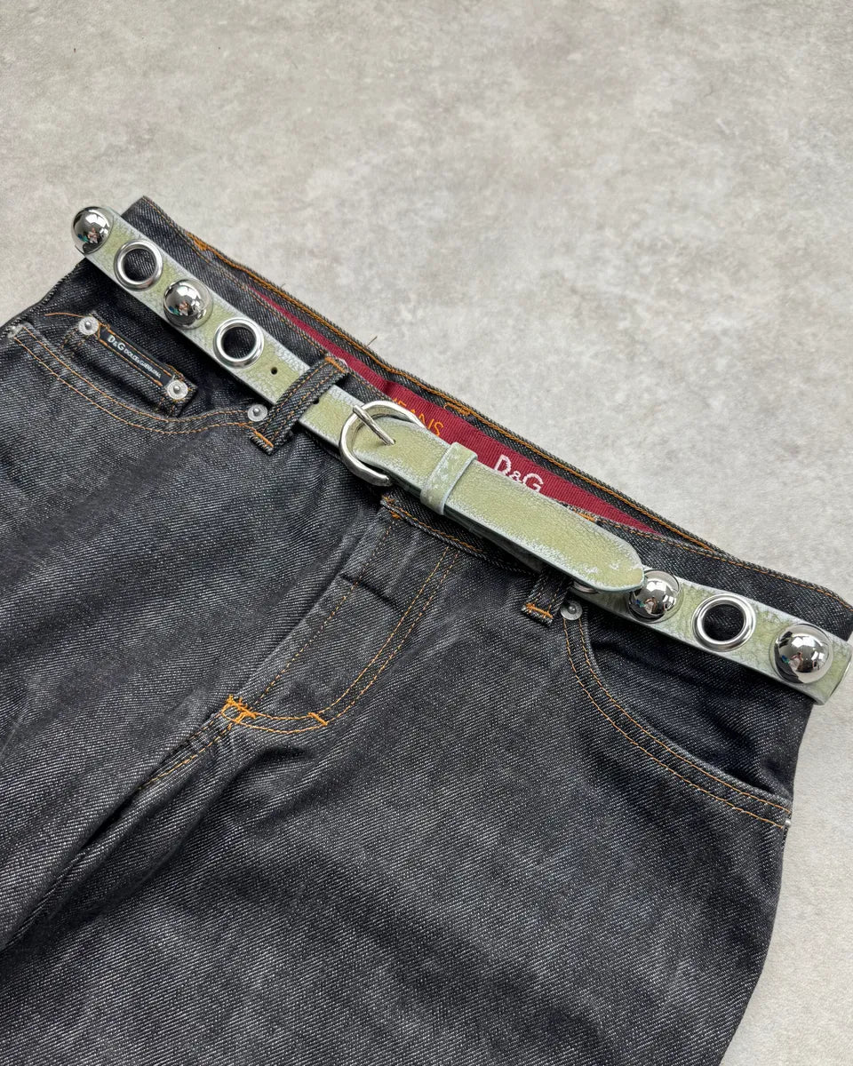 Diesel Sage Green Leather Metalic Globes Studded Belt SYroyOO 1