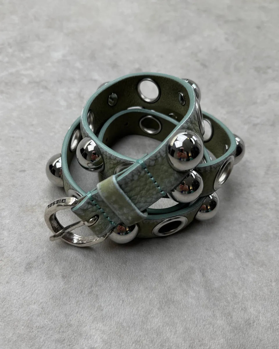 Diesel Sage Green Leather Metalic Globes Studded Belt SYroyOO 3
