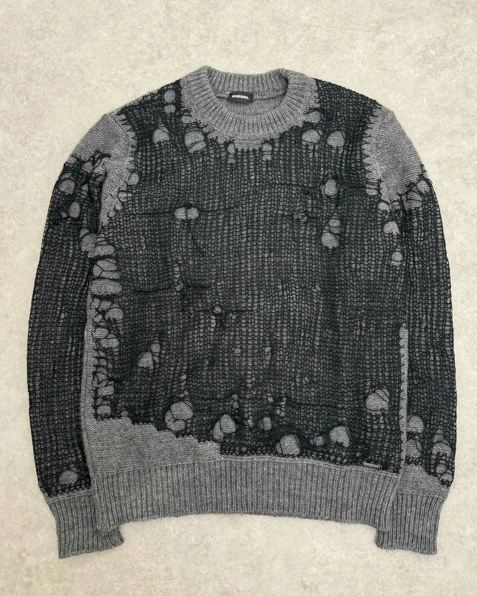 Diesel Spiderweb Distressed Grey & Black Sweater QajDowm 3