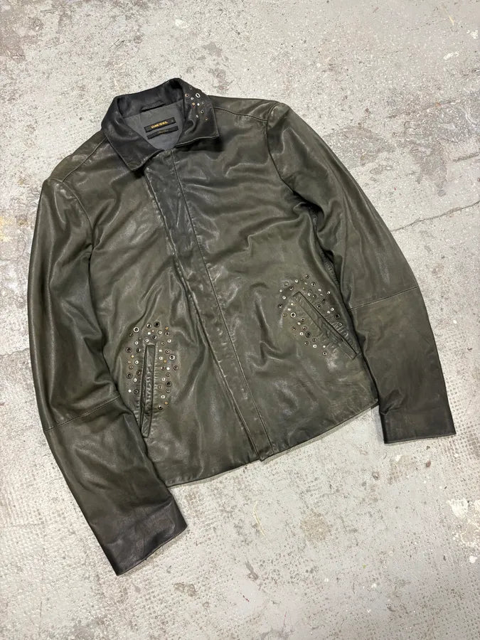 Diesel Studded Eyelet Grey Leather Jacket FQHApSD 1