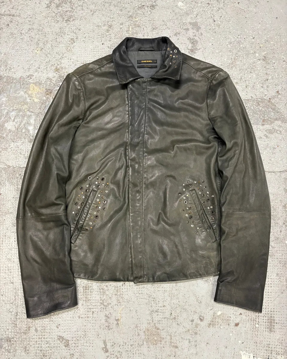 Diesel Studded Eyelet Grey Leather Jacket FQHApSD 0