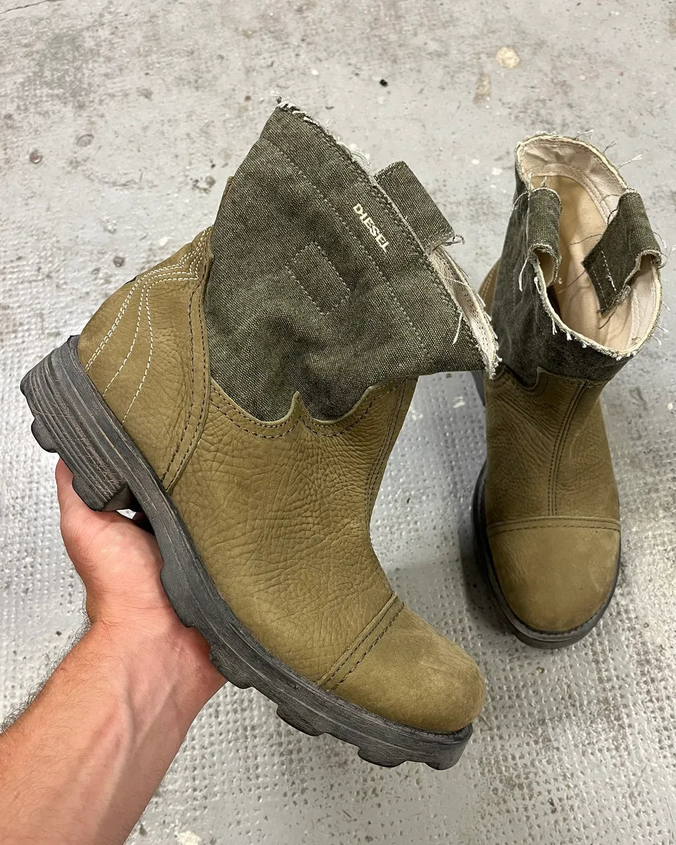 Diesel Two Tones Khaki & Beige Leather Boots zTtAxsN 0