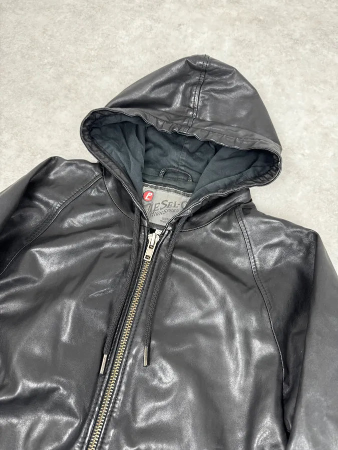 2000s Diesel Black Leather Hood Zip-Up Jacket azKGRki 5