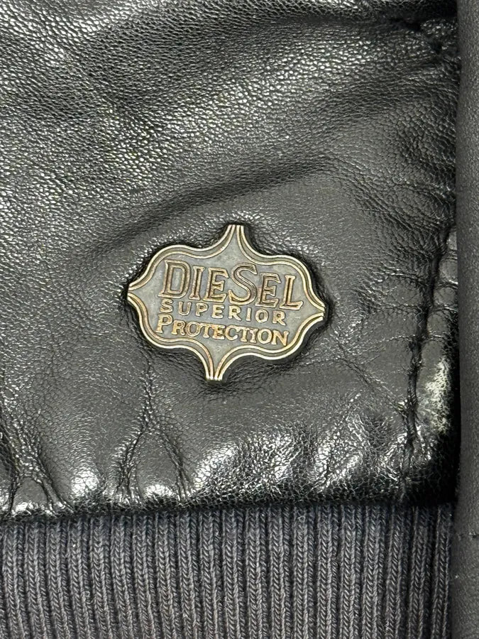 2000s Diesel Black Leather Hood Zip-Up Jacket azKGRki 9